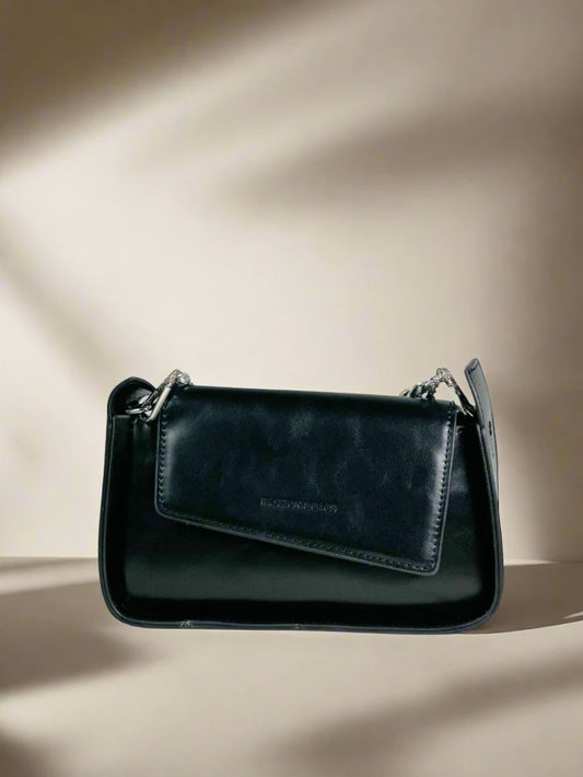 Black Structured Flap Shoulder Bag