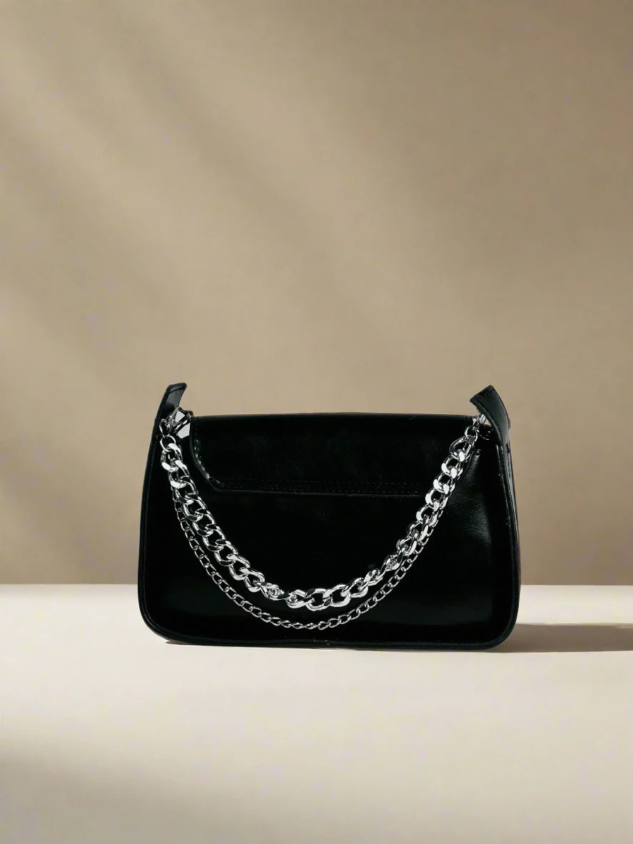 Black Structured Flap Shoulder Bag