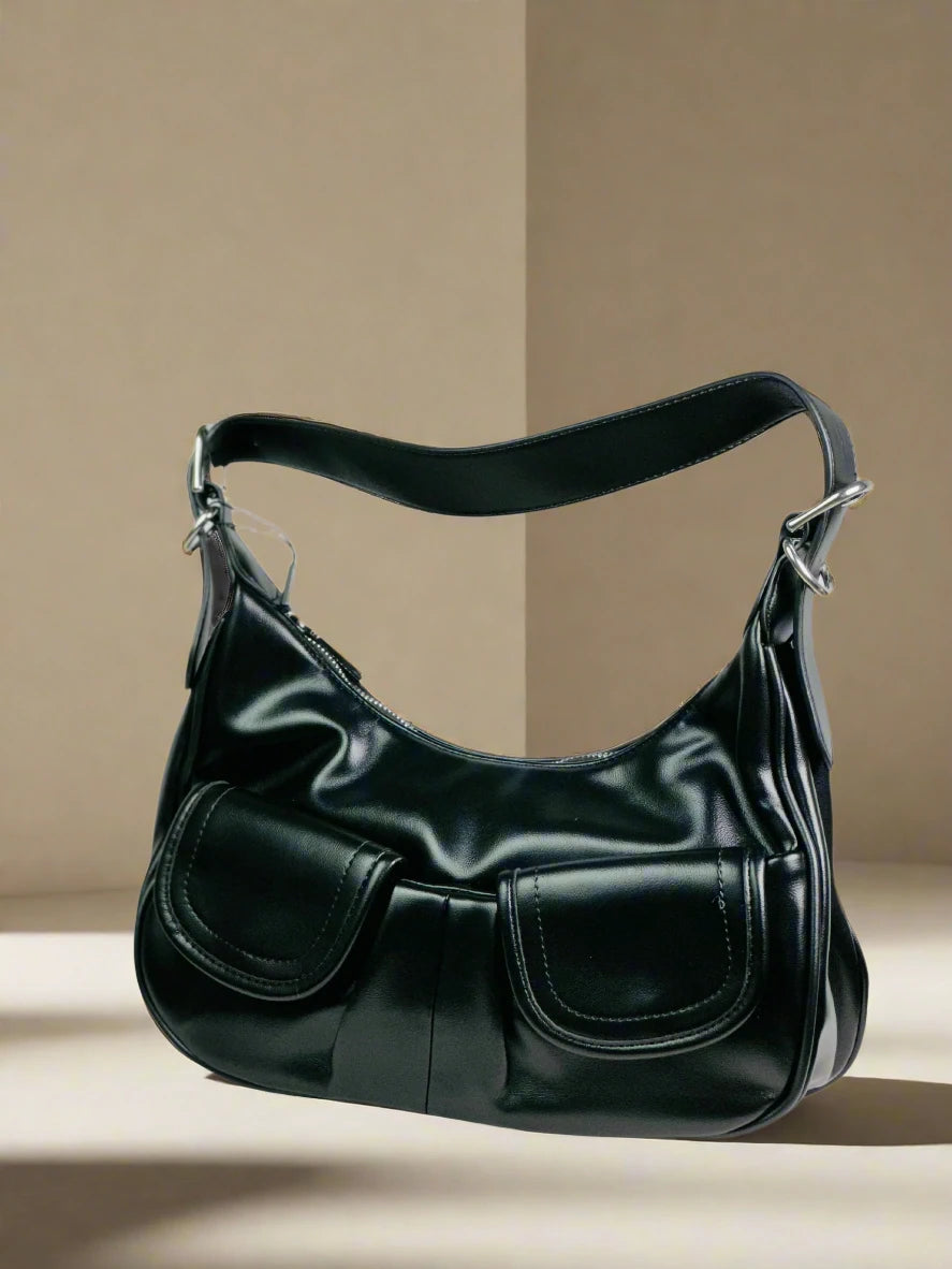 Black Glossy Slouchy Hobo Bag