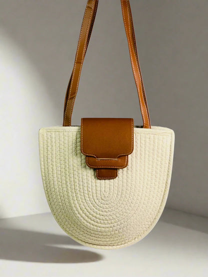 White Woven Straw Tote with Brown Accents