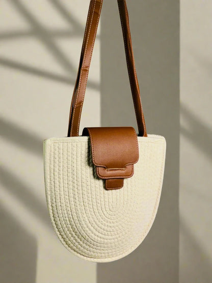 White Woven Straw Tote with Brown Accents