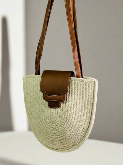 White Woven Straw Tote with Brown Accents