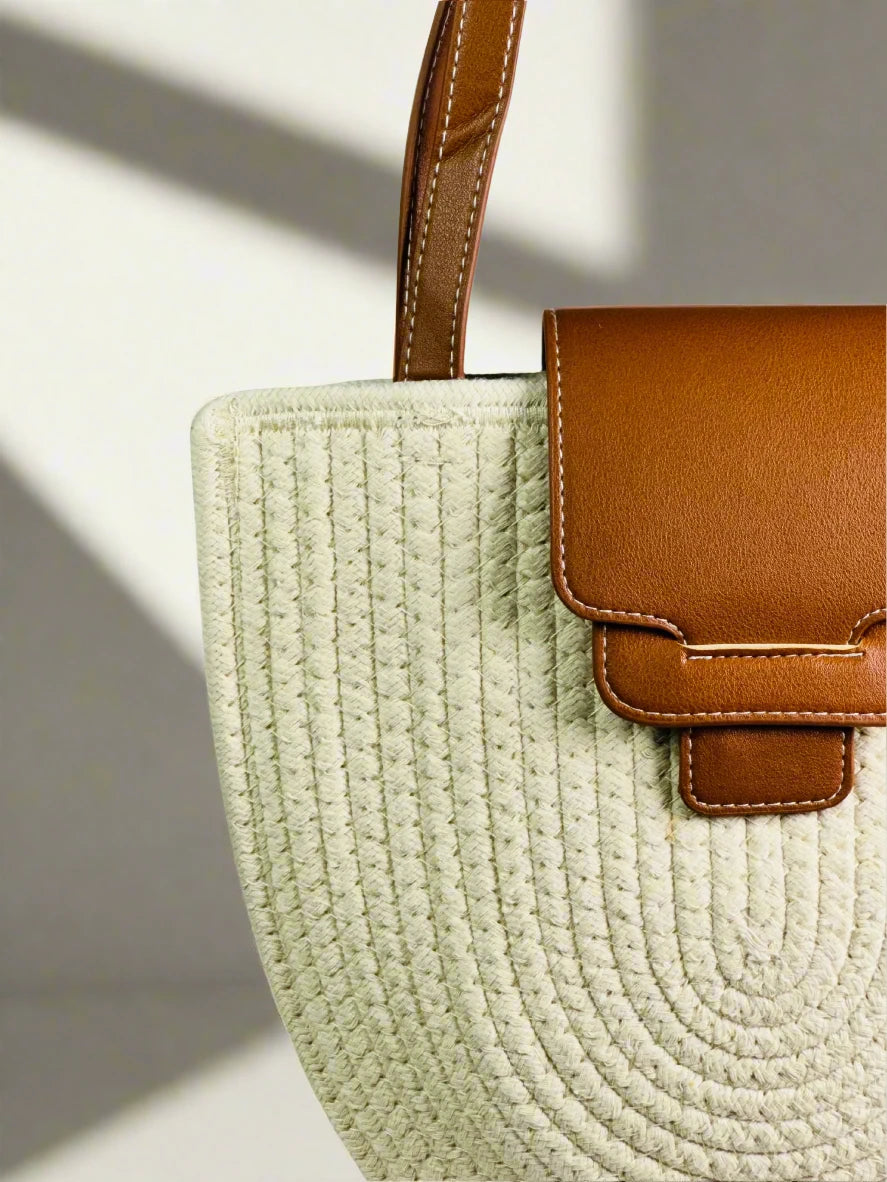 White Woven Straw Tote with Brown Accents