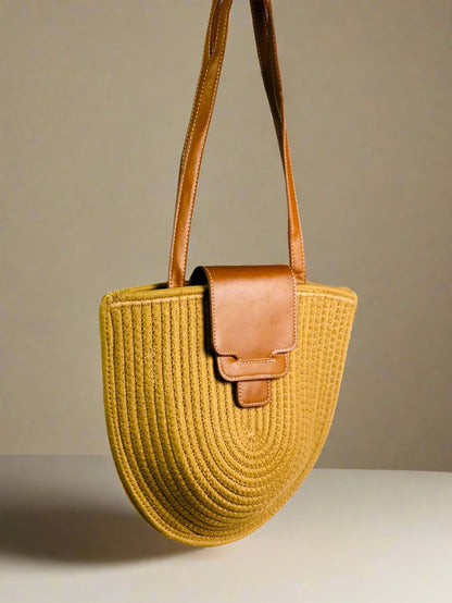 Yellow Woven Straw Tote with Brown Accent