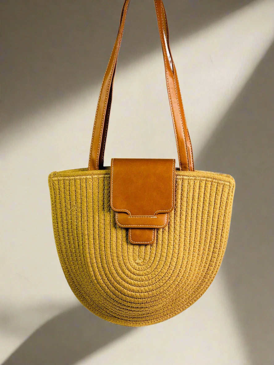 Yellow Woven Straw Tote with Brown Accent