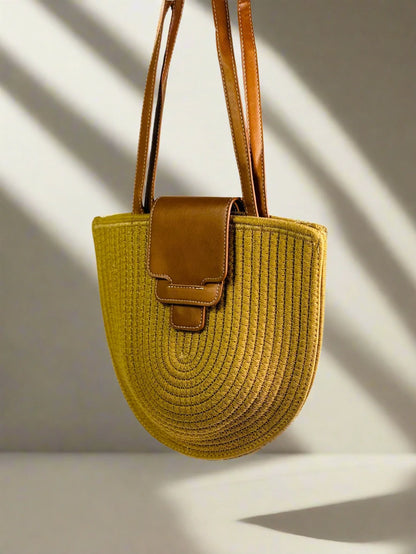 Yellow Woven Straw Tote with Brown Accent