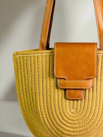 Yellow Woven Straw Tote with Brown Accent